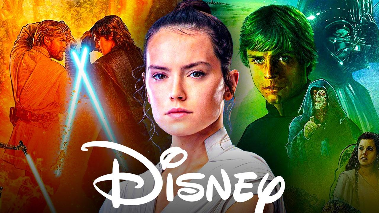 Daisy Ridley as Rey with Disney logo and Star Wars movie posters in background.