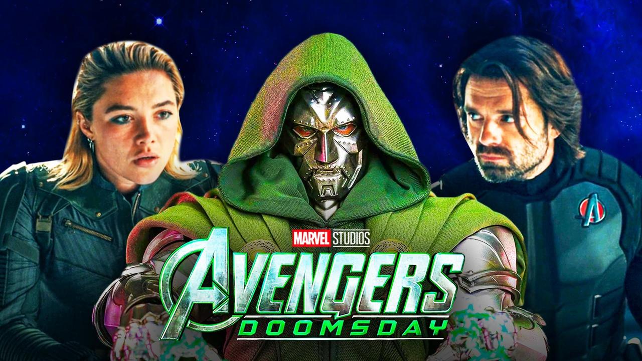 Bucky Barnes, Yelena Belova, and Doctor Doom; Avengers: Doomsday logo.