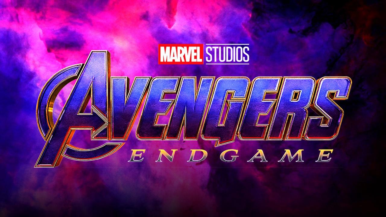 'Avengers: Endgame' logo with pink and blue background.