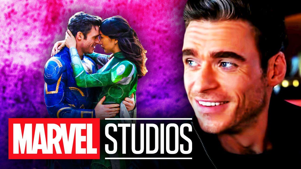 Eternals, Gemma Chan as Sersi, Richard Madden as Ikaris, Marvel Studios logo