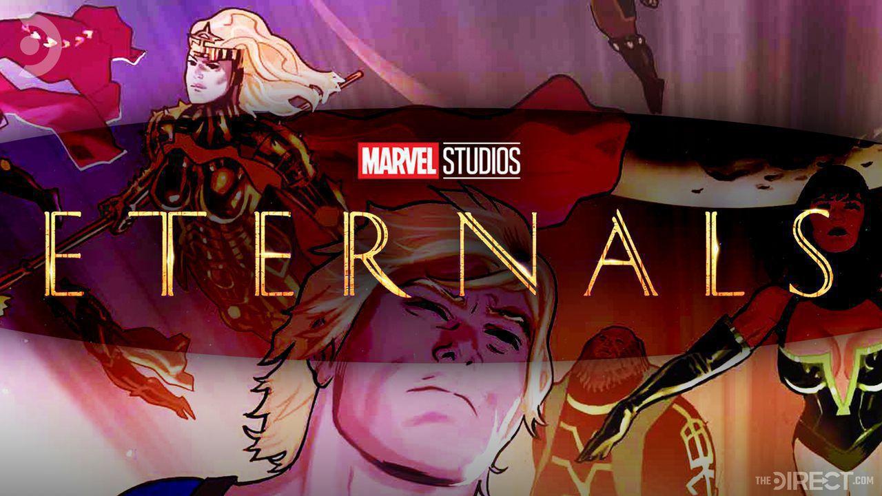 Eternals logo with characters flying in background