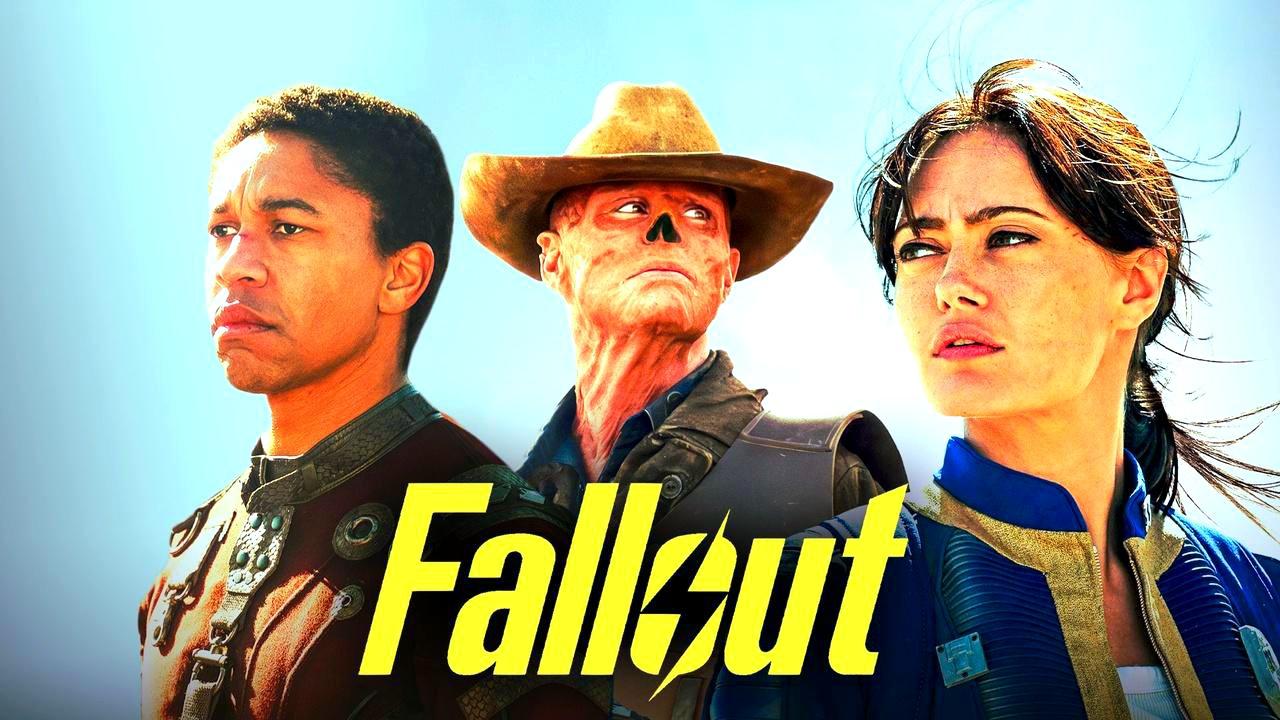 Fallout show main characters Maximus, ghoul, and Lucy and Fallout logo