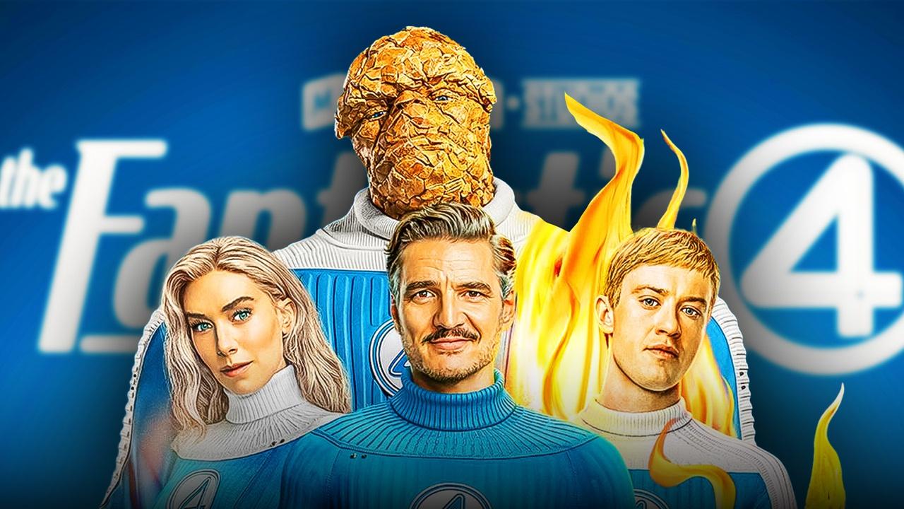 Sue Storm, Reed Richards, The Thing, and Johnny Storm from Fantastic Four: First Steps; F4 logo