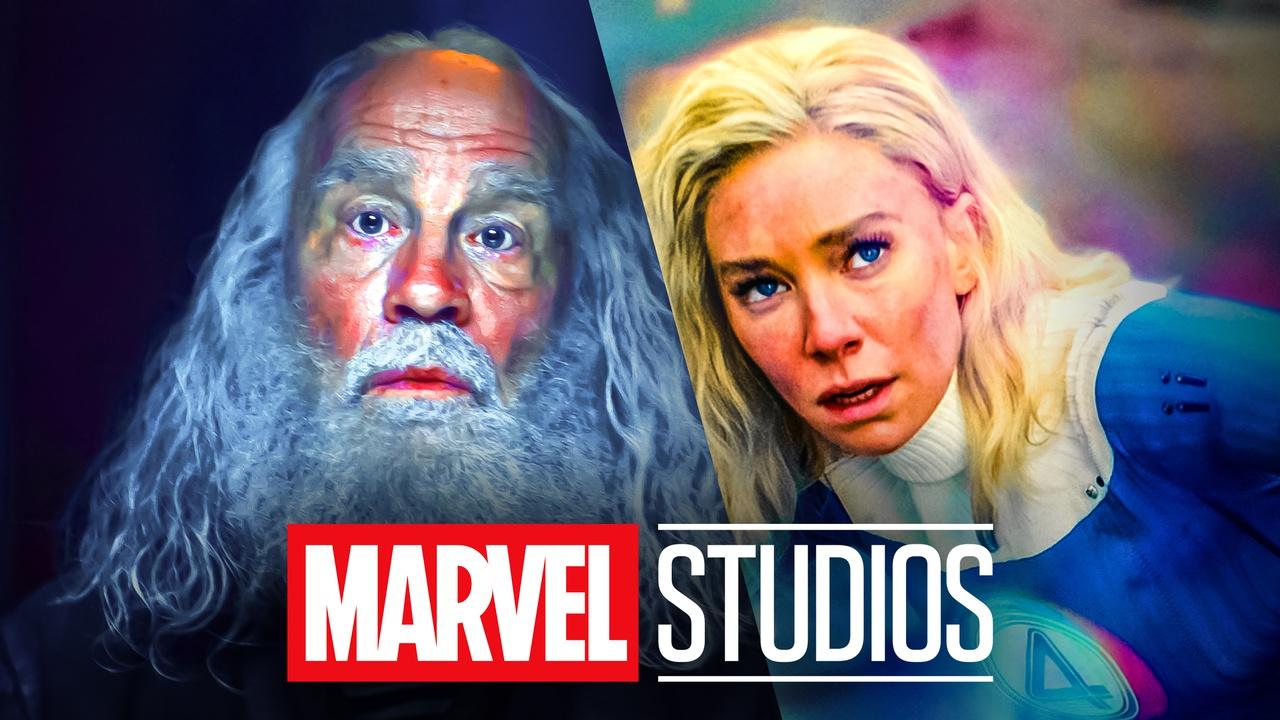 Fantastic Four First Steps John Malkovich villain and Sue Storm, Marvel Studios logo