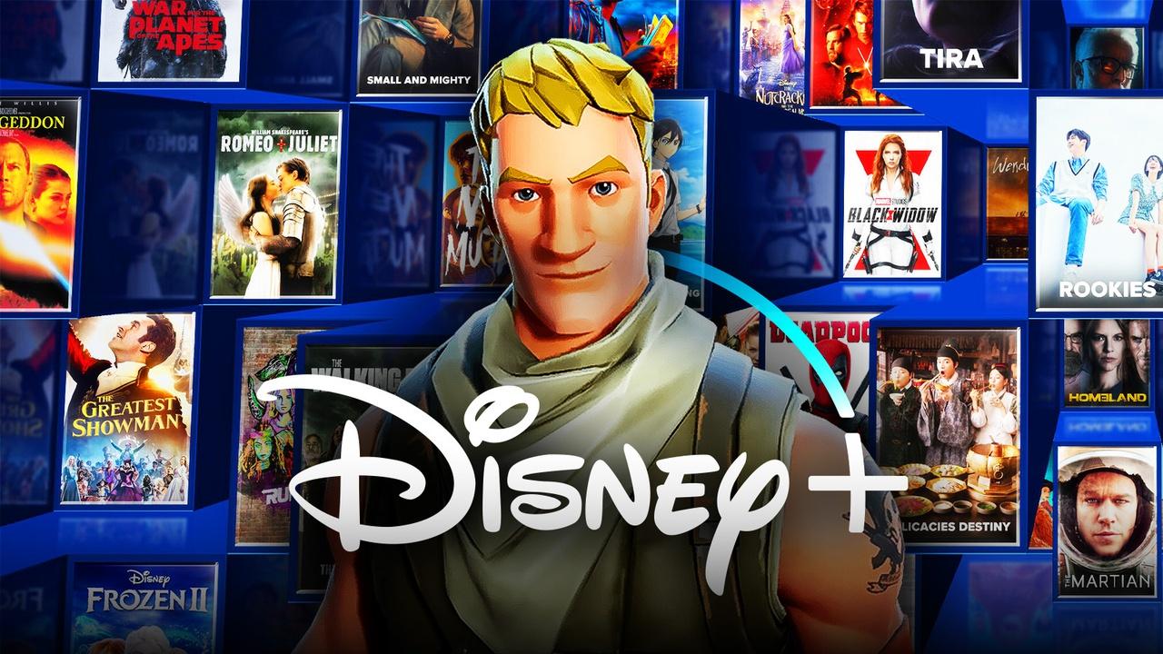 Disney Plus logo and show tiles, Fortnite character