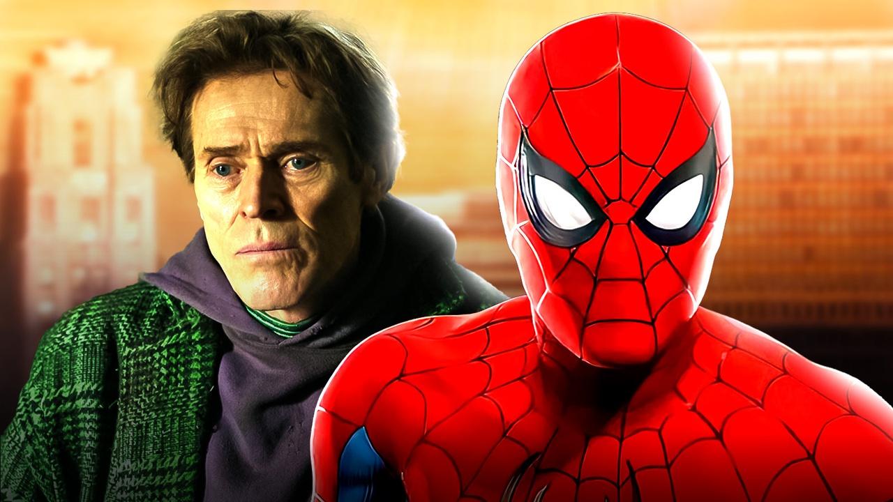 Willem Dafoe as Norman Osborn and Spider-Man in Spider-Man: No Way Home with a city backdrop.
