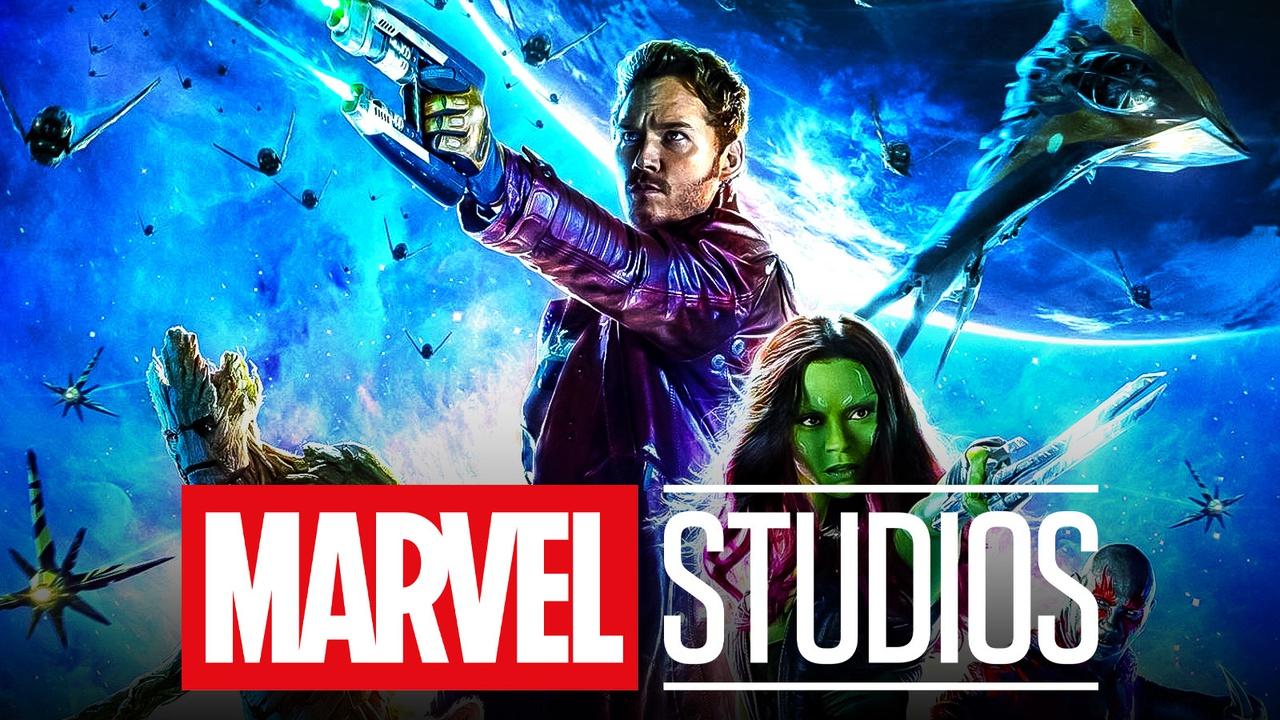 Guardians of the Galaxy's Star Lord, Groot and Gamora alongside Marvel Studios logo.