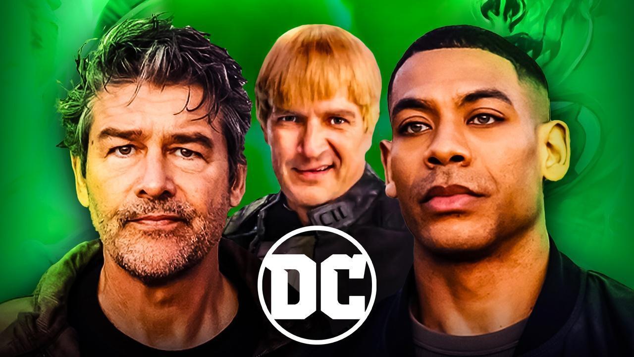 DC Logo with DCU Green Lanterns, John Stewart, Aaron Pierre, Guy Gardner.