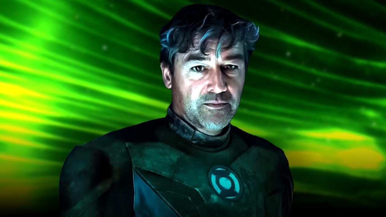 Kyle Chandler Hal Jordan, Green Lantern suit, green background.