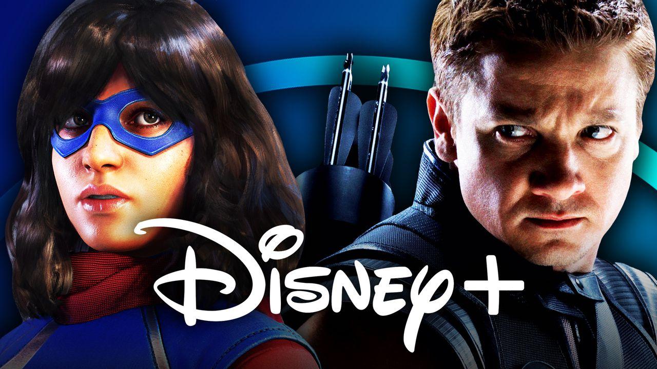 Ms. Marvel on left and Hawkeye on right with Disney+ logo in foreground