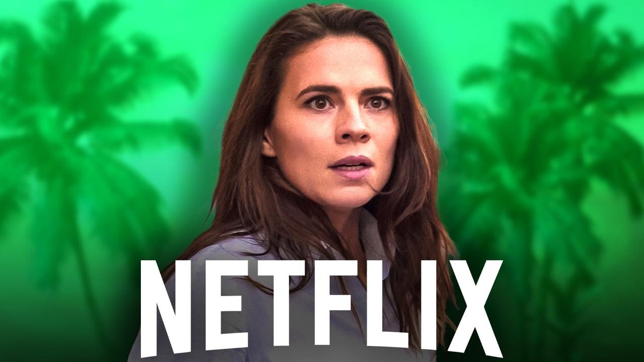 Hayley Atwell, white Netflix text logo, faded green background with palm trees.