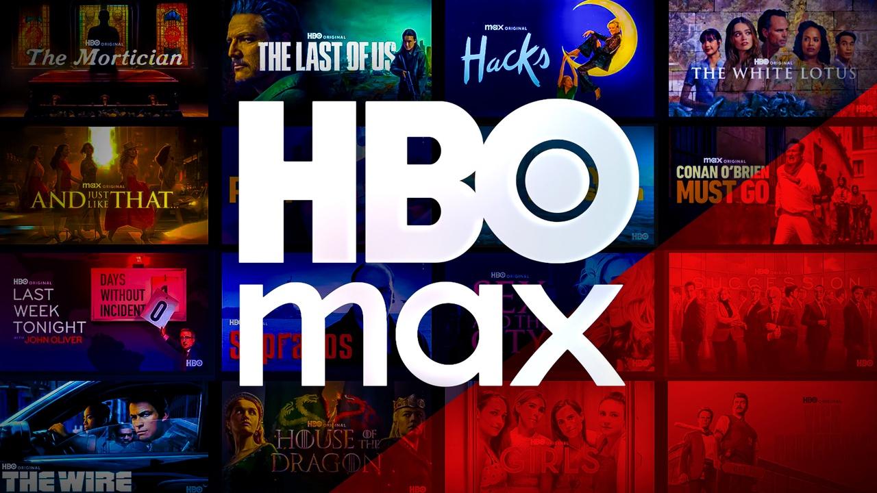 HBO Max logo, HBO tv show tile posters in background