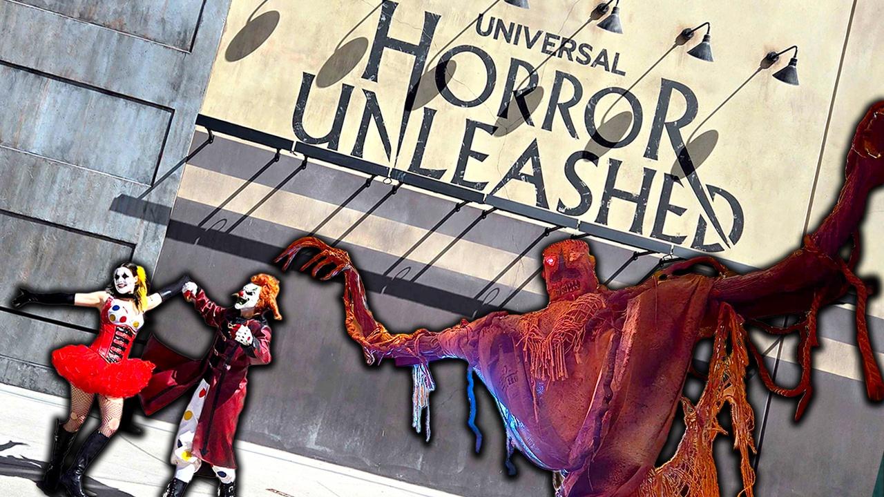 Universal Horror Unleashed warehouse logo with Jack and Chance and a spooky scarecrow figure.