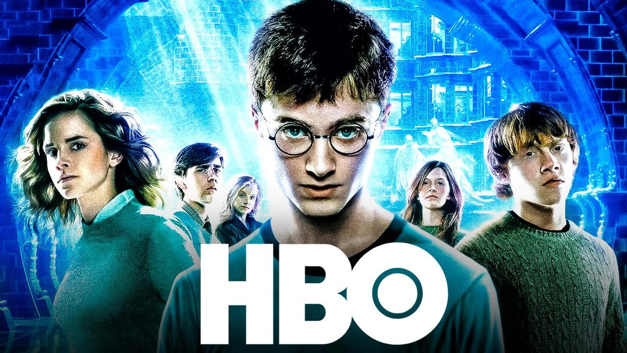 The Harry Potter cast behind the HBO logo.