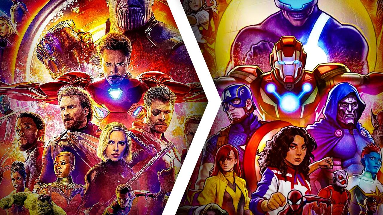 Avengers Infinity War movie poster on left side, comic poster on right side
