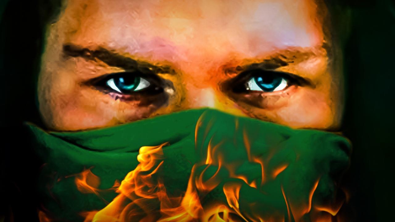 Iron Fist eyes with mask on, flame powers on bottom