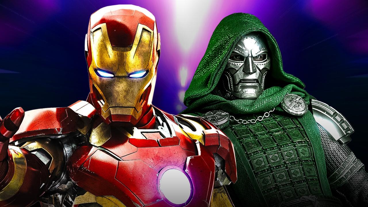 Iron Man next to Doctor Doom in front of a purple background.