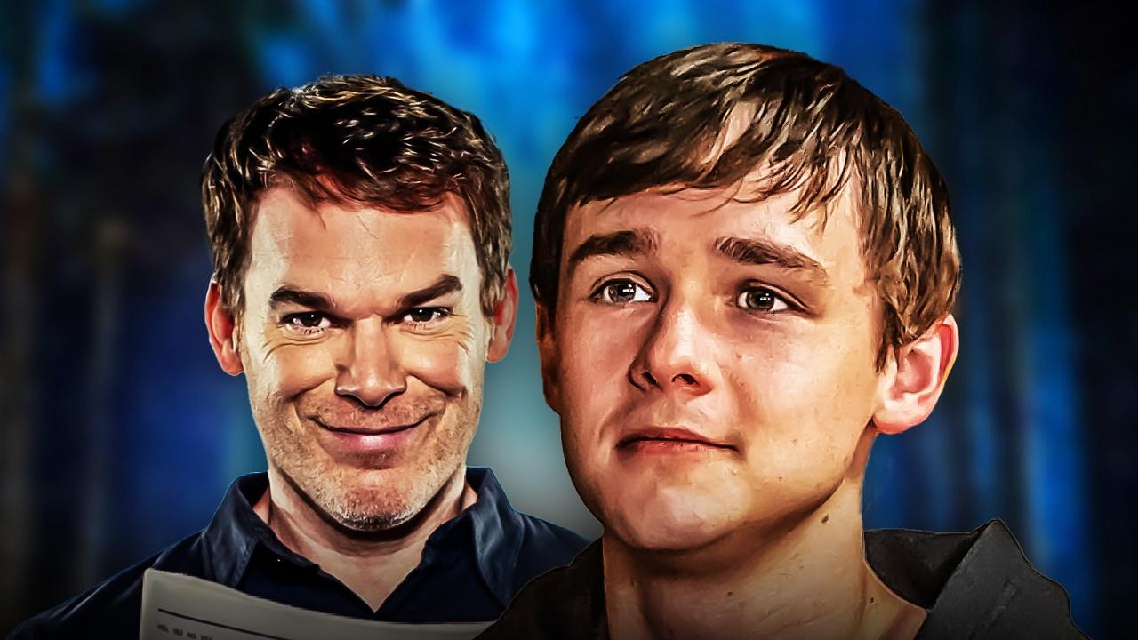 Jack Alcott as Harrison Morgan, Michael C Hall as Dexter Morgan.
