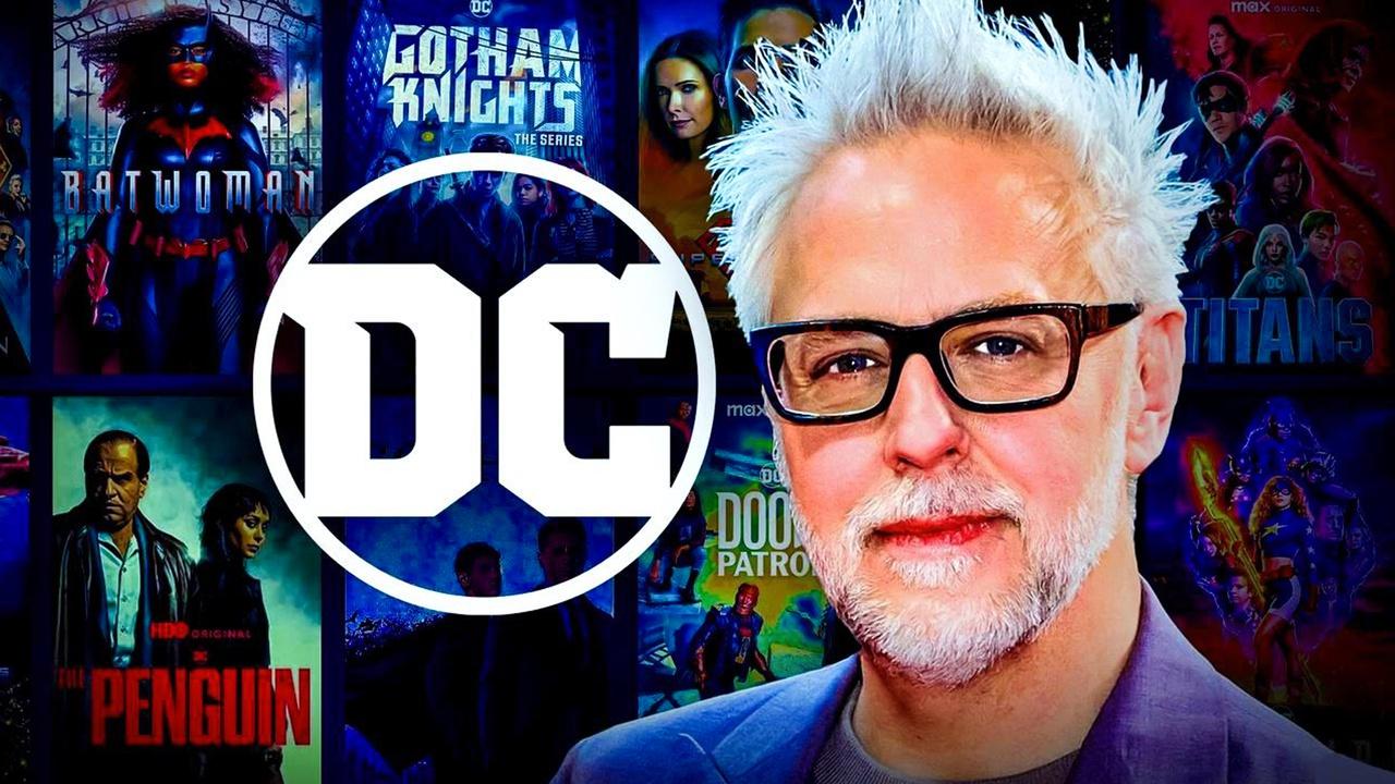 James Gunn, DC logo, DC TV posters in backgorund