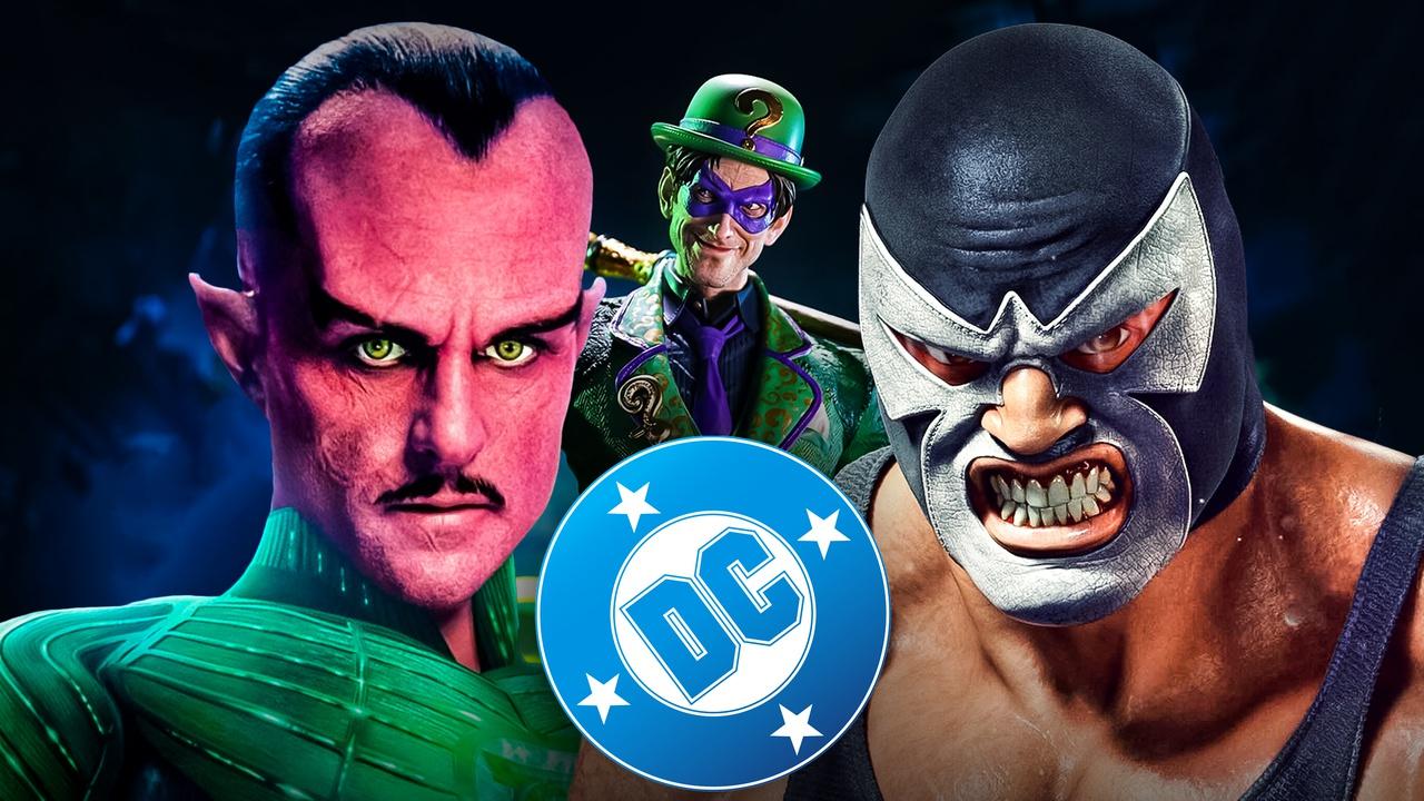 DC logo, DC villains Sinestro, Bane, Riddler
