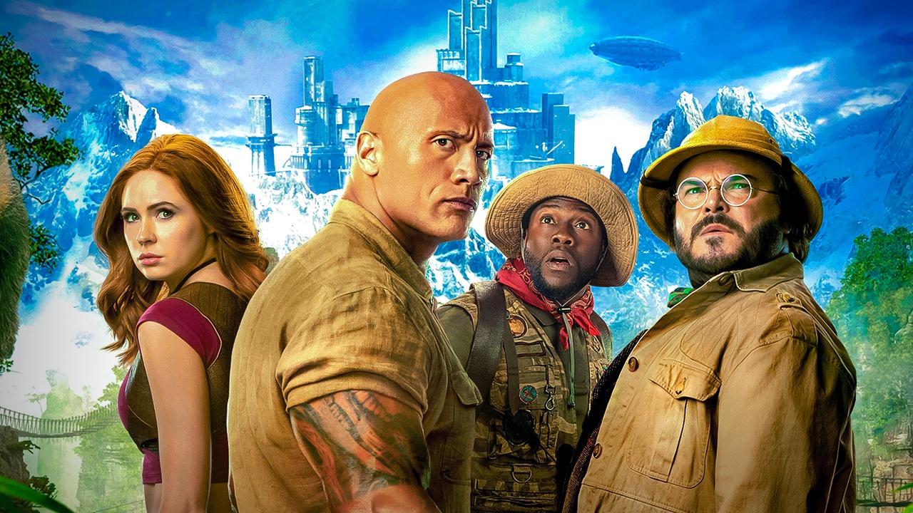 Jumanji Next level movie wallpaper with main characters, featuring Dwayne Johnson, Kevin Hart