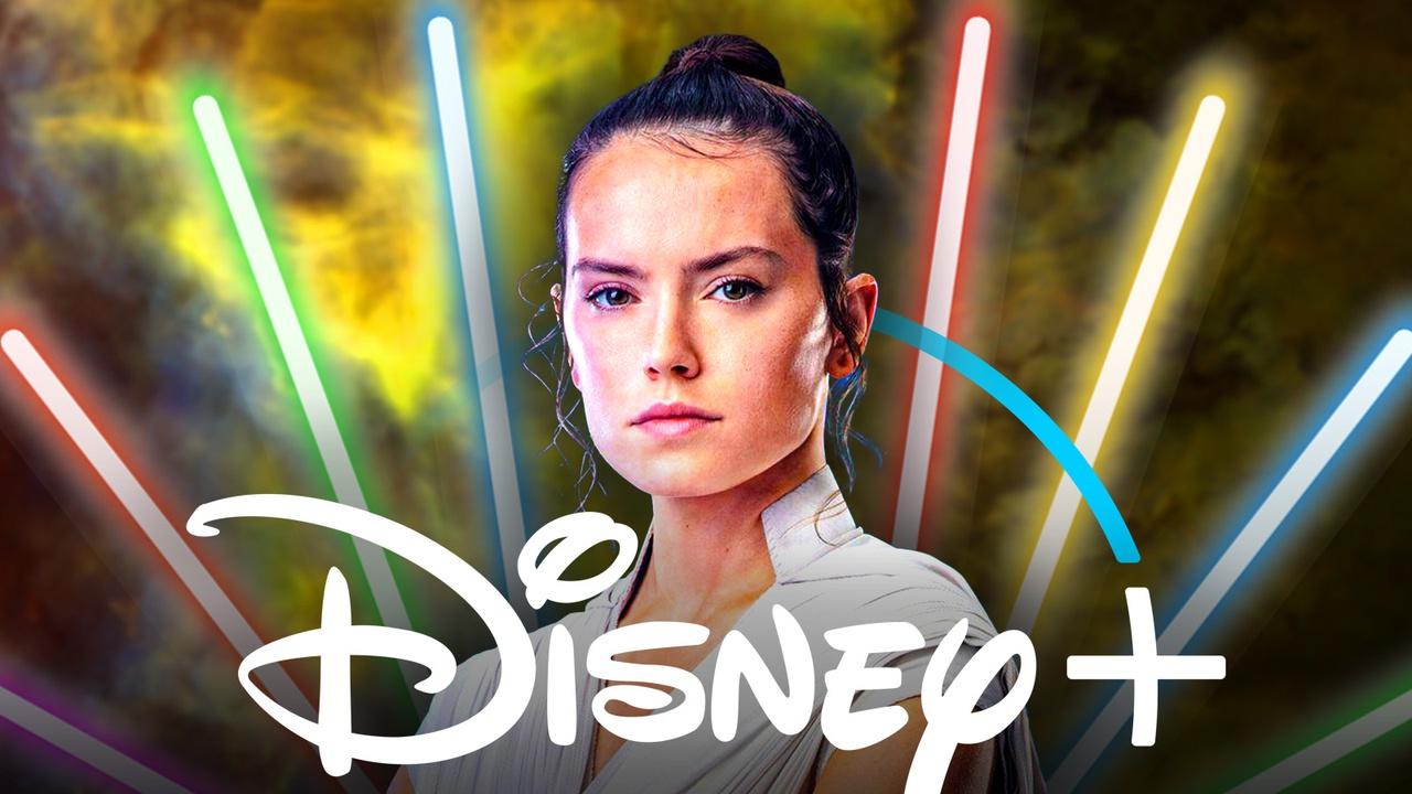 Daisy Ridley as Rey, Disney+ logo, Lightsabers