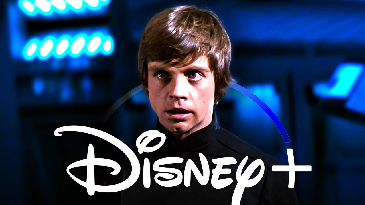 Luke Skywalker in The Mandalorian Season 2 Disney+ logo.