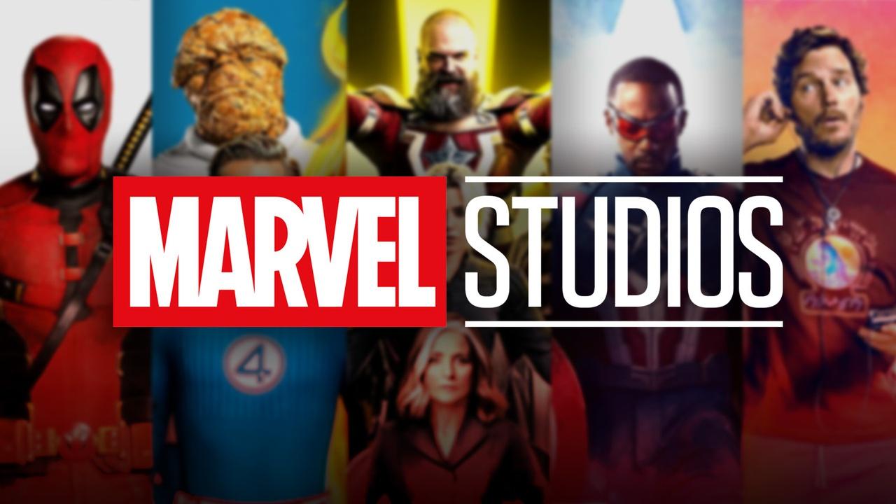 Marvel Studios logo in front of several MCU characters
