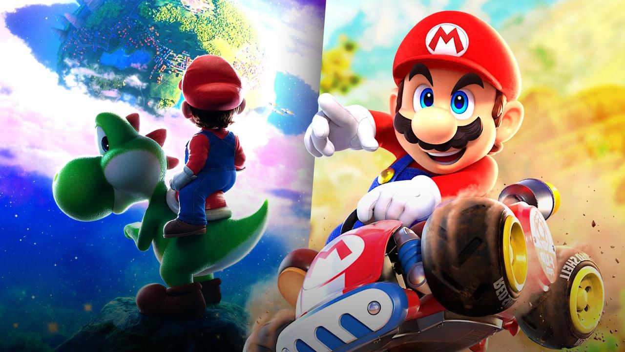 Super Mario Galaxy poster featuring Mario and Yoshi, Mario from Mario Kart World