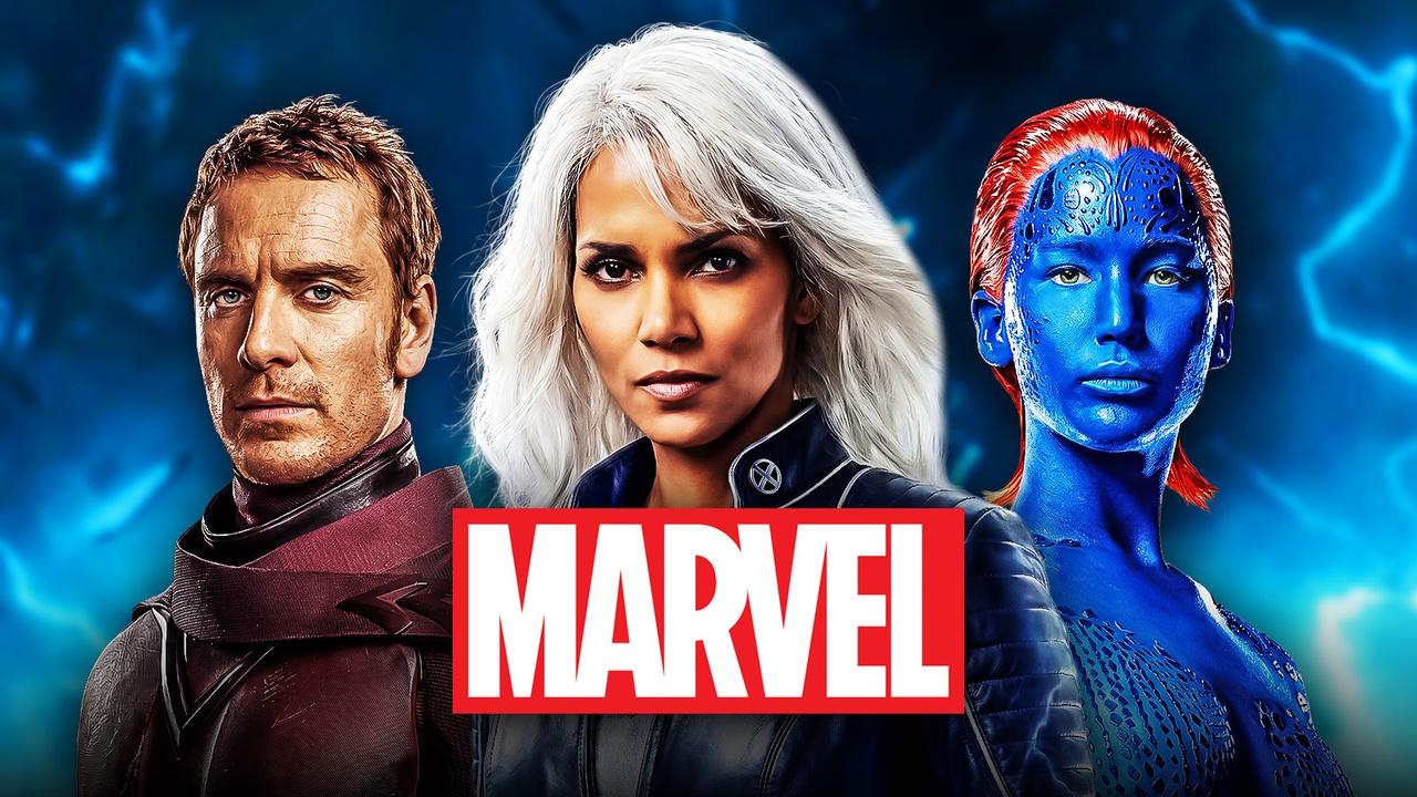 Michael Fassbender as Magneto, Halle Berry as Storm, Jennifer Lawrence as Mystique wth Marvel logo.