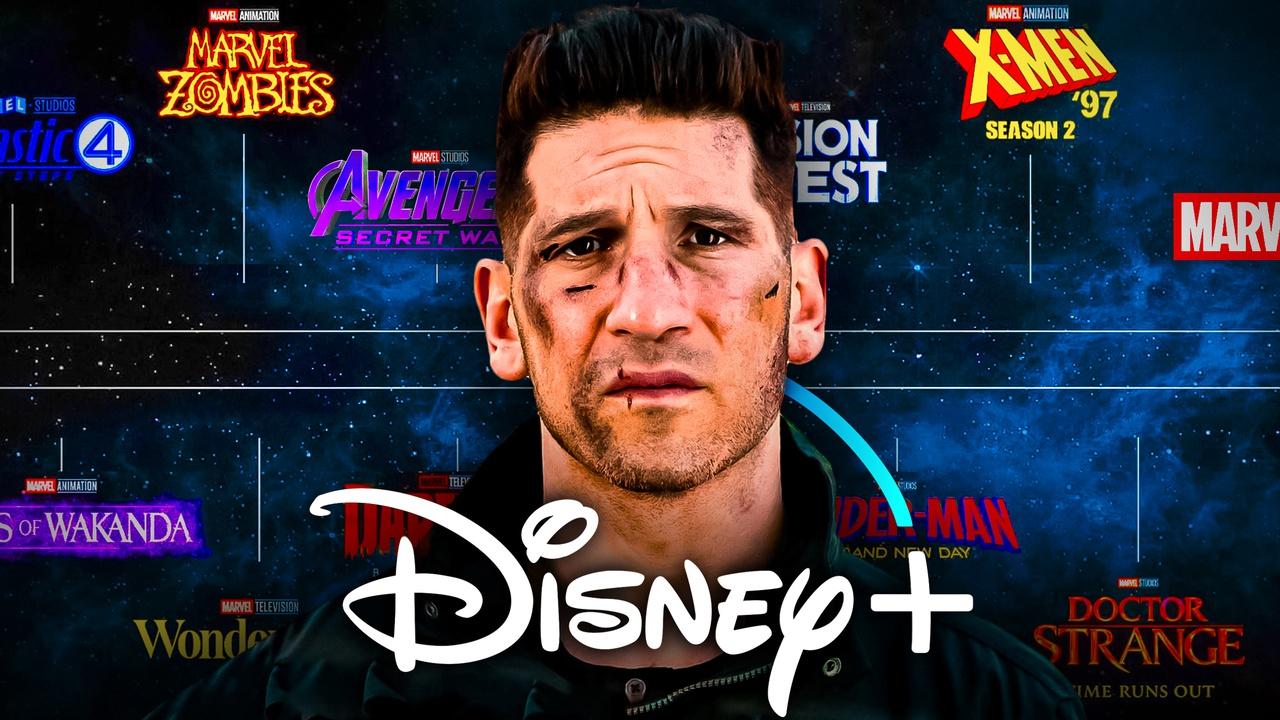 Punisher in front of Marvel Phase 6 slate, Disney Plus logo