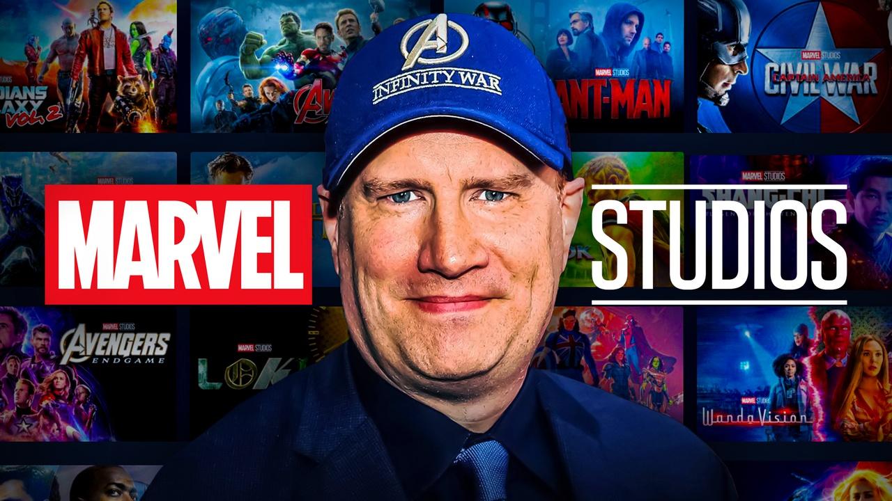 Marvel Studios logo, MCU movie posters in background, Kevin Feige