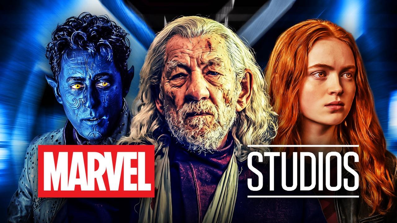 Magneto, Nightcrawler, and Jean Grey behind the Marvel Studios logo.