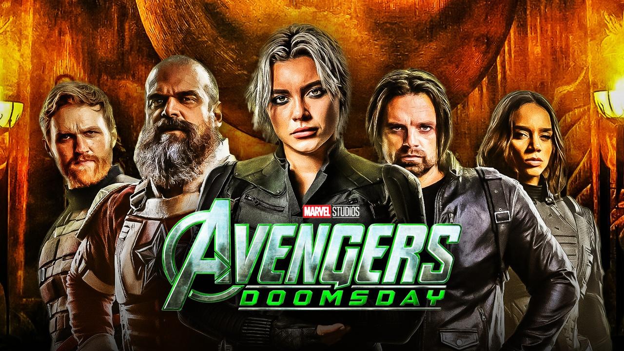 Thunderbolts cast with Avengers Doomsday logo.