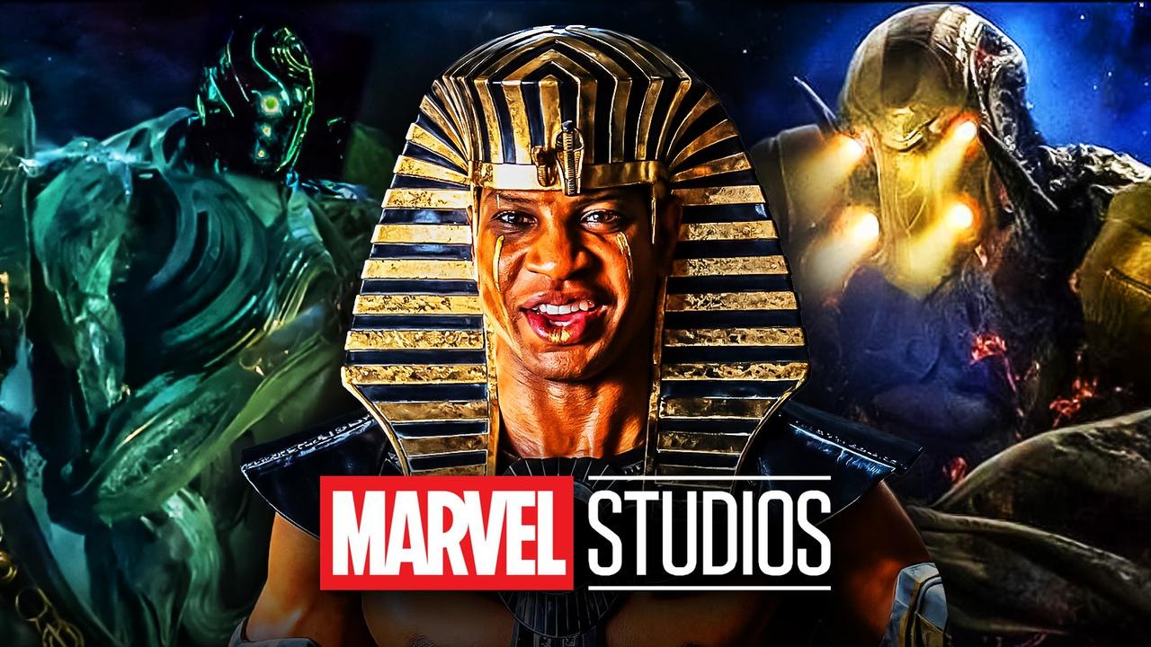 Rama-Tut and two Celestials behind the Marvel Studios logo.