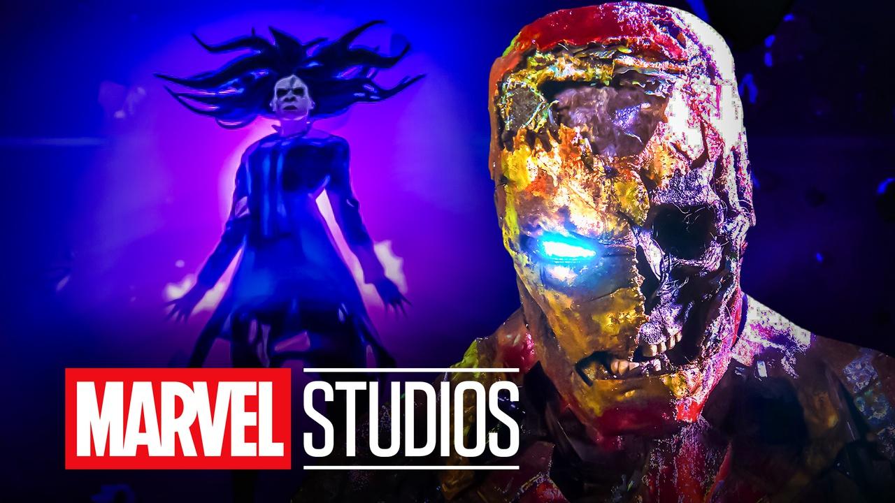 Marvel Zombies wallpaper with Marvel Studios logo and zombified Iron Man and Scarlet Witch