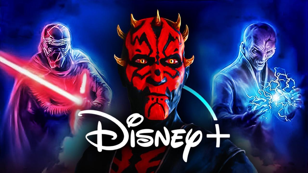 Maul in Shadow Lord, Kylo Ren, Snoke; Disney+ logo.