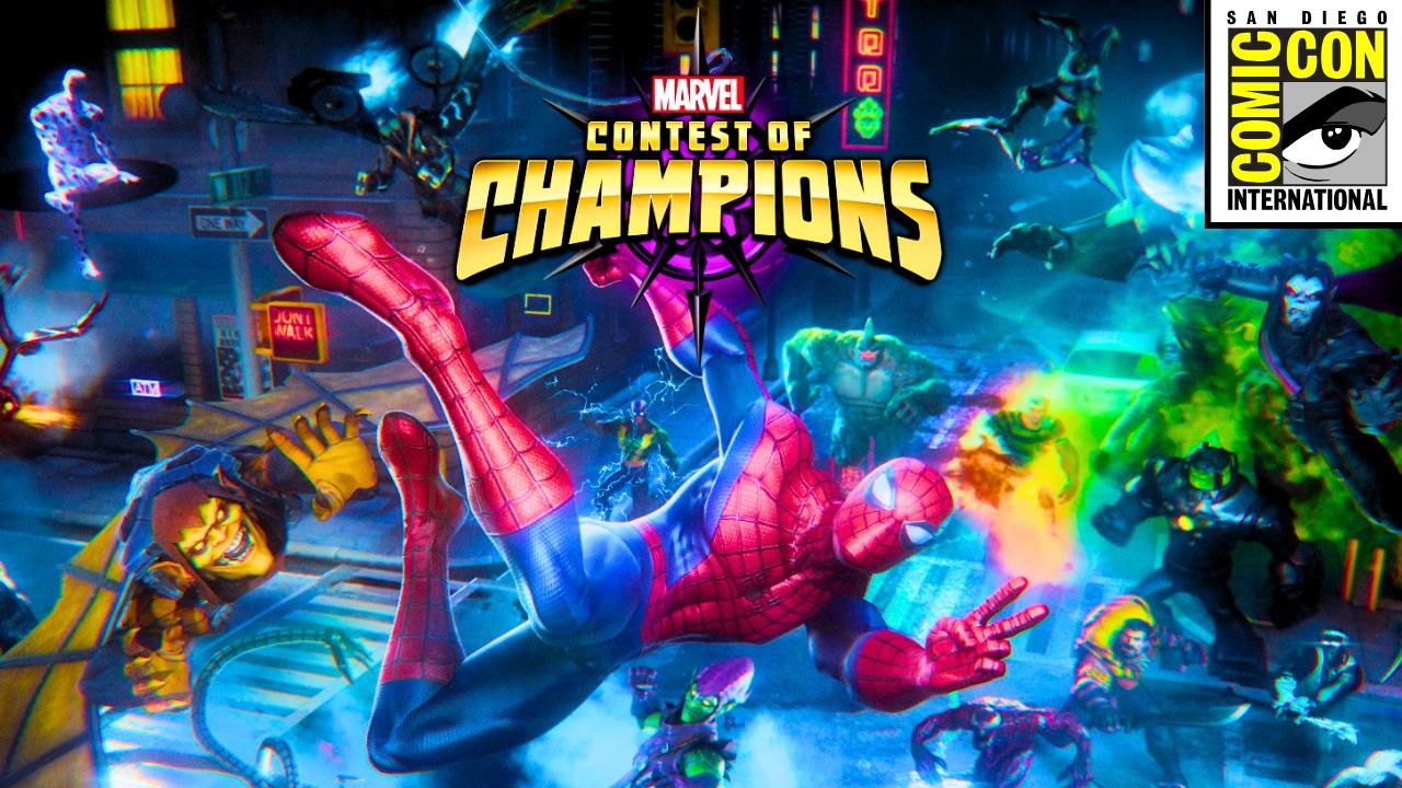 Marvel Contest of Champions game art with Spider-Man swinging; San Diego Comic-Con logo.
