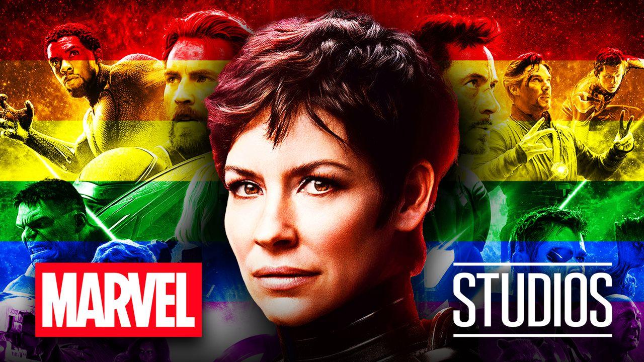 Evangeline Lilly as Wasp, LGTBQ flag background, Marvel Studios logo