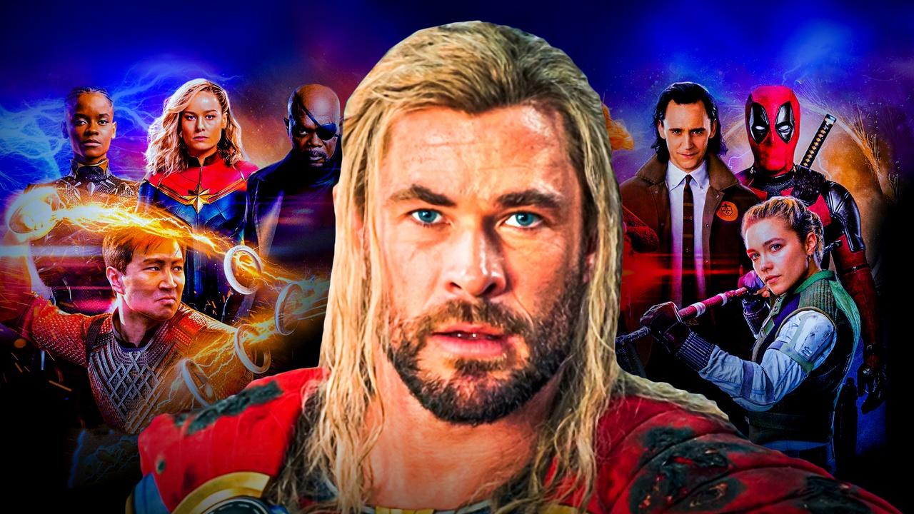 Chris Hemsworth as Marvel Studios' Thor; Avengers characters in background.