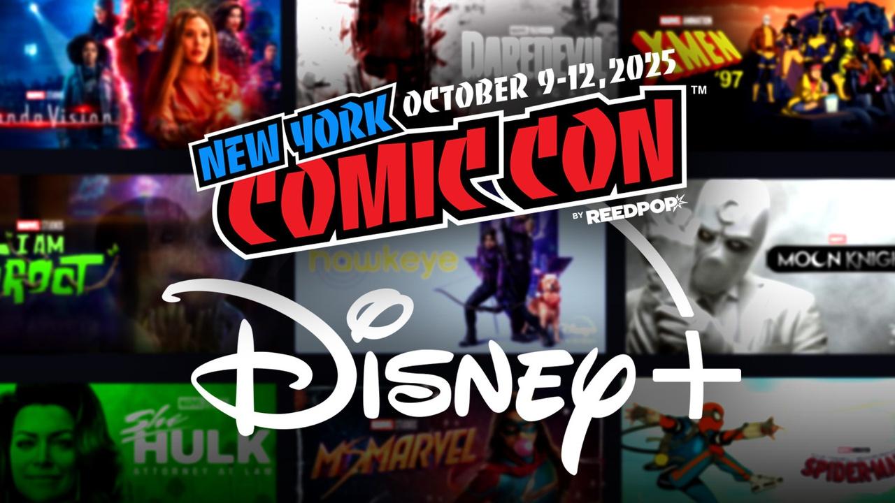 New York Comic-Con and Disney+ logos; MCU title cards in background.