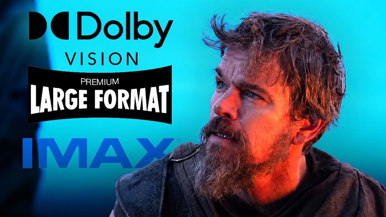 Dolby Vision logo, Premium Large Format logo, IMAX logo, Matt Damon as Odysseus in 'The Odyssey.'