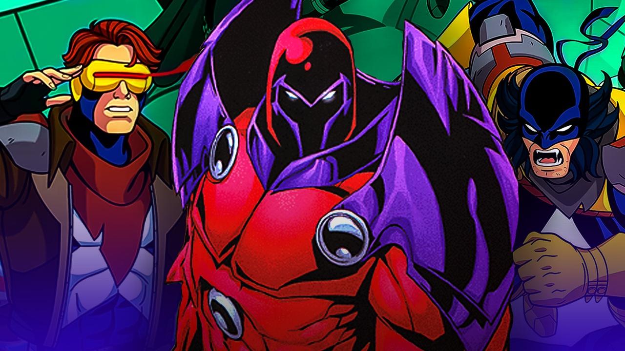 Animated Cyclops and Wolverine from X-Men '97 with comic Onslaught in-between them.