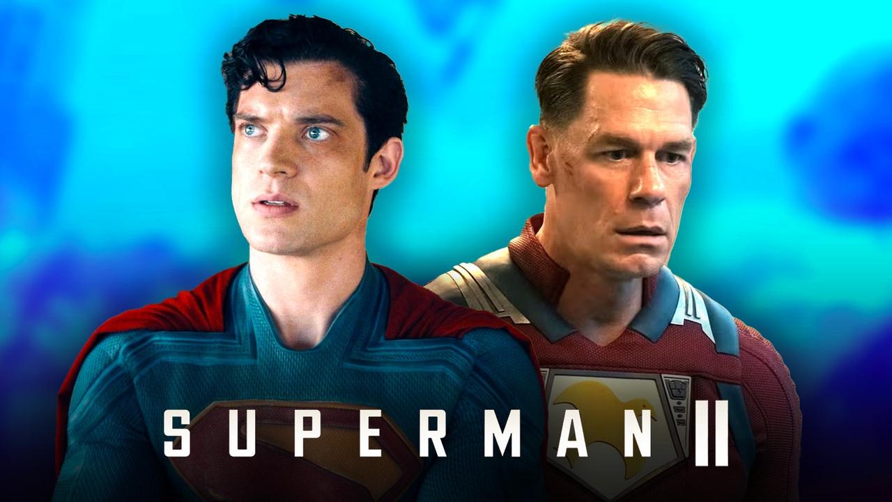 David Corenswet's Superman, John Cena's Peacemaker; Superman ll logo.