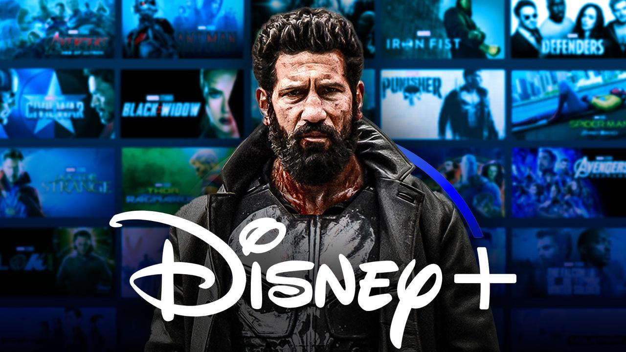 Jon Bernthal as The Punisher, Disney+ logo.