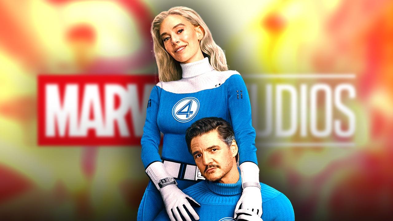Susan Storm and Reed Richards in front of the Marvel Studios logo.