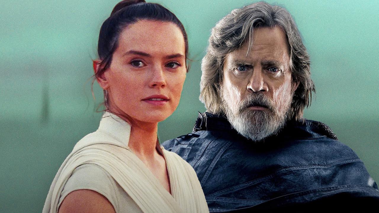 Daisy Ridley as Rey, Mark Hamill as Luke Skywalker.