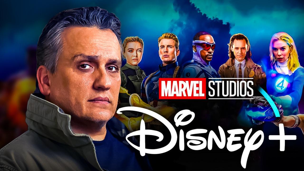 Joe Russo, MCU heroes from Multiverse Saga, Marvel Studios and Disney Plus logos