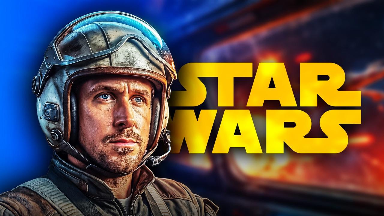 Ryan Gosling alongside Star Wars logo.