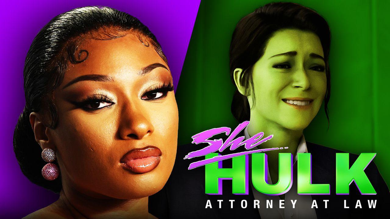 Mulher-Hulk dançando com a rapper Megan Thee Stallion em episódio 3 da  série She-Hulk 